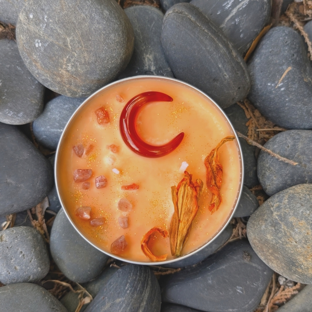 Red Agate Crescent Moon And Sunstone Gemstone Intention Candle